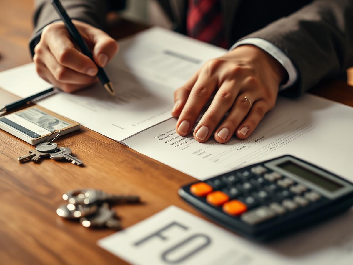 Signing mortgage documents with keys and a calculator on a desk